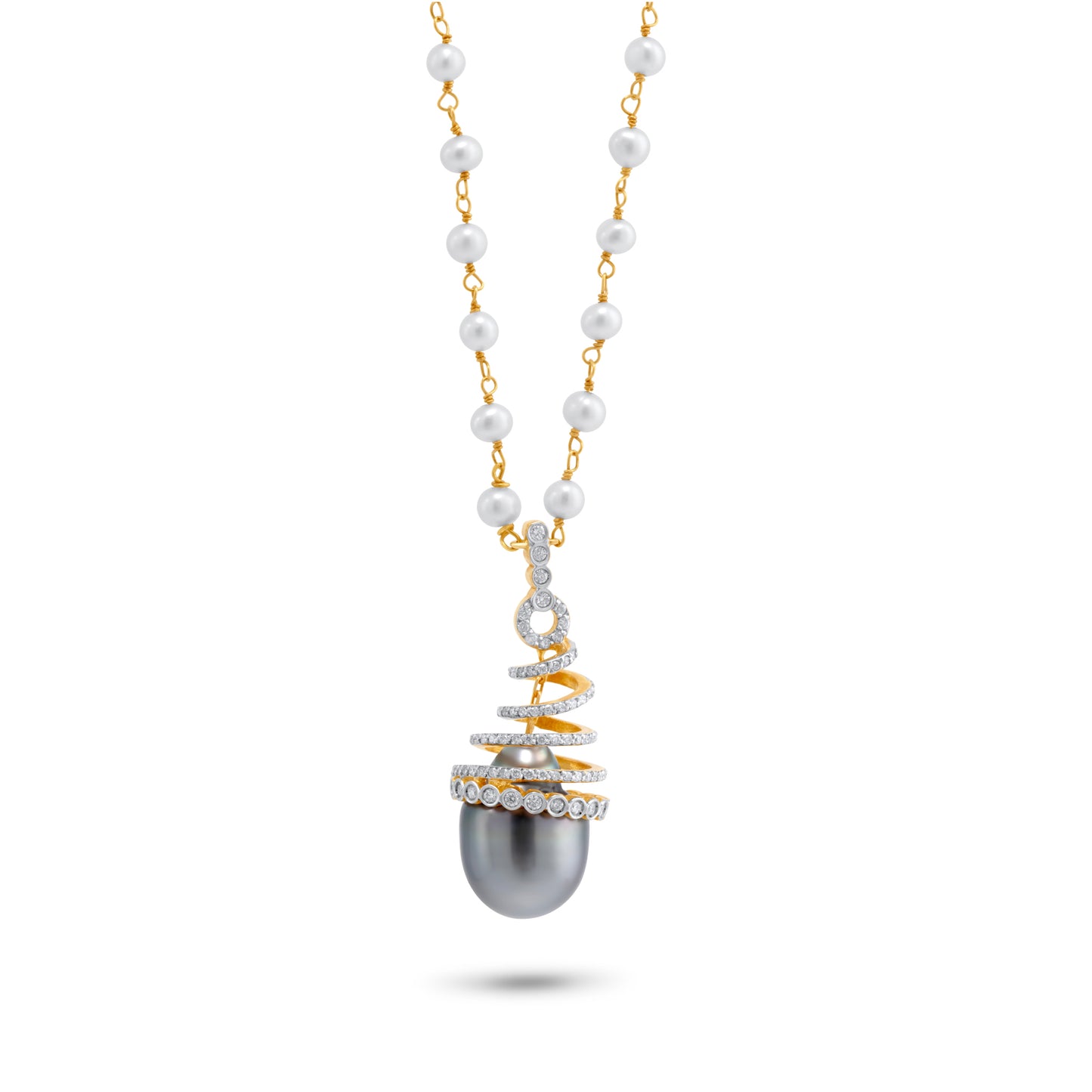 Yellow Gold Necklace set with 1 Tahiti Pearl, Chinese White Pearls along the chain, and 1 Carat Cat's Eye Stone. - House Of Lux
