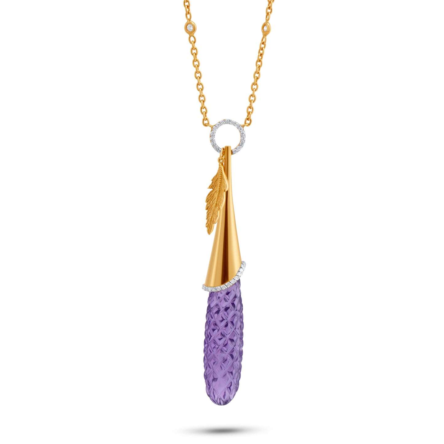 Yellow Gold Necklace set with 0.28 Carats Diamonds and 25.28 Carats Amethyst. - House Of Lux