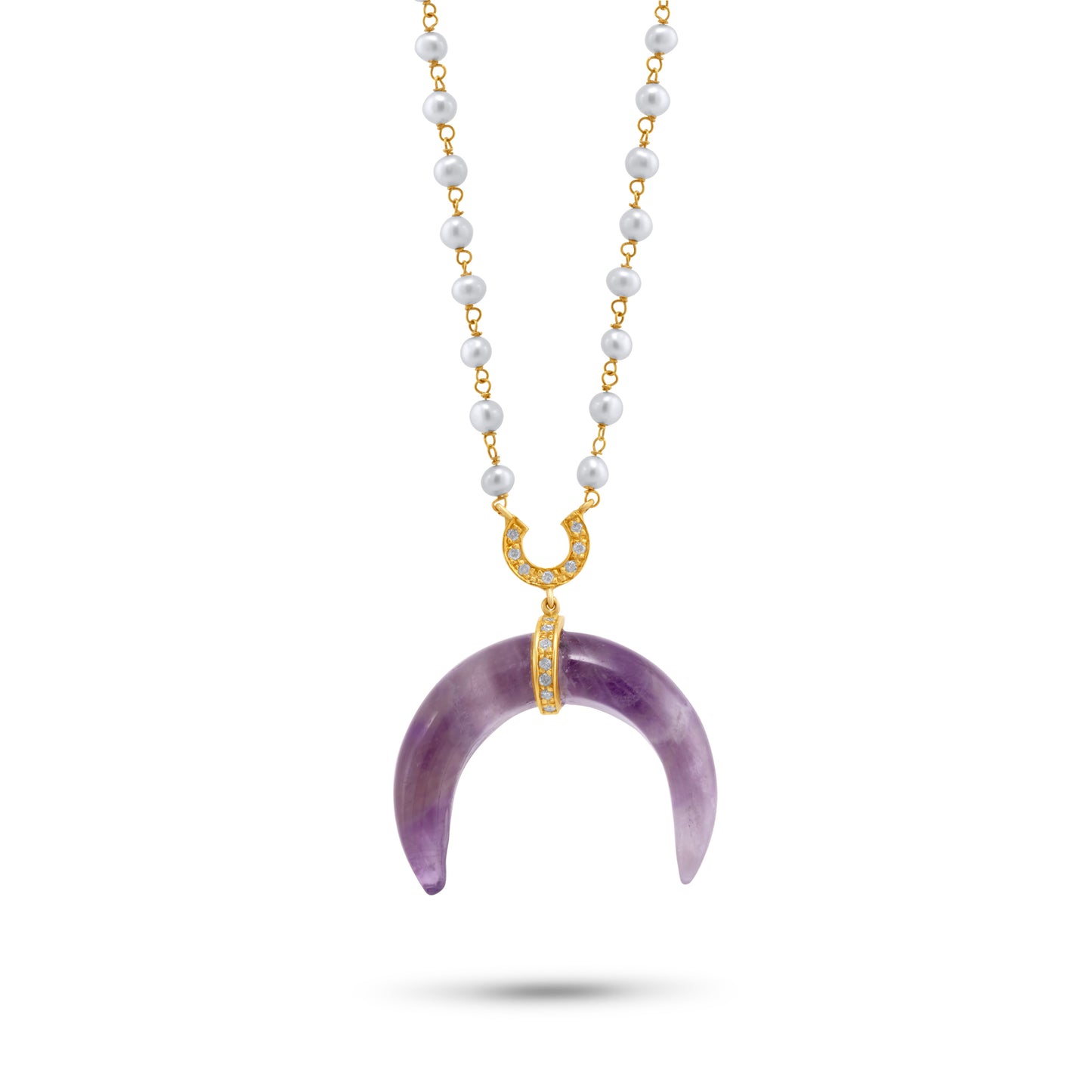 Yellow Gold Necklace set with 0.1 Carats Diamonds and Amethyst, with Chinese White Pearls along the chain. - House Of Lux
