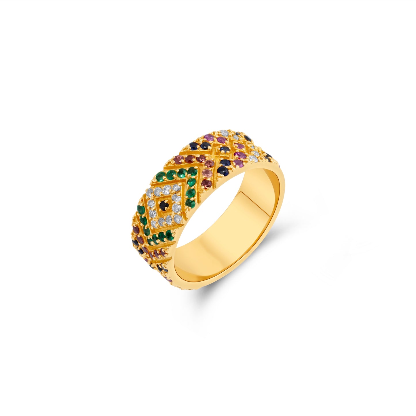 Yellow Gold Ring set with 0.18 Carats Diamonds, 0.41 Carats Sapphire, 0.17 Carats Emerald, and 0.09 Carats Cat's Eye. - House Of Lux