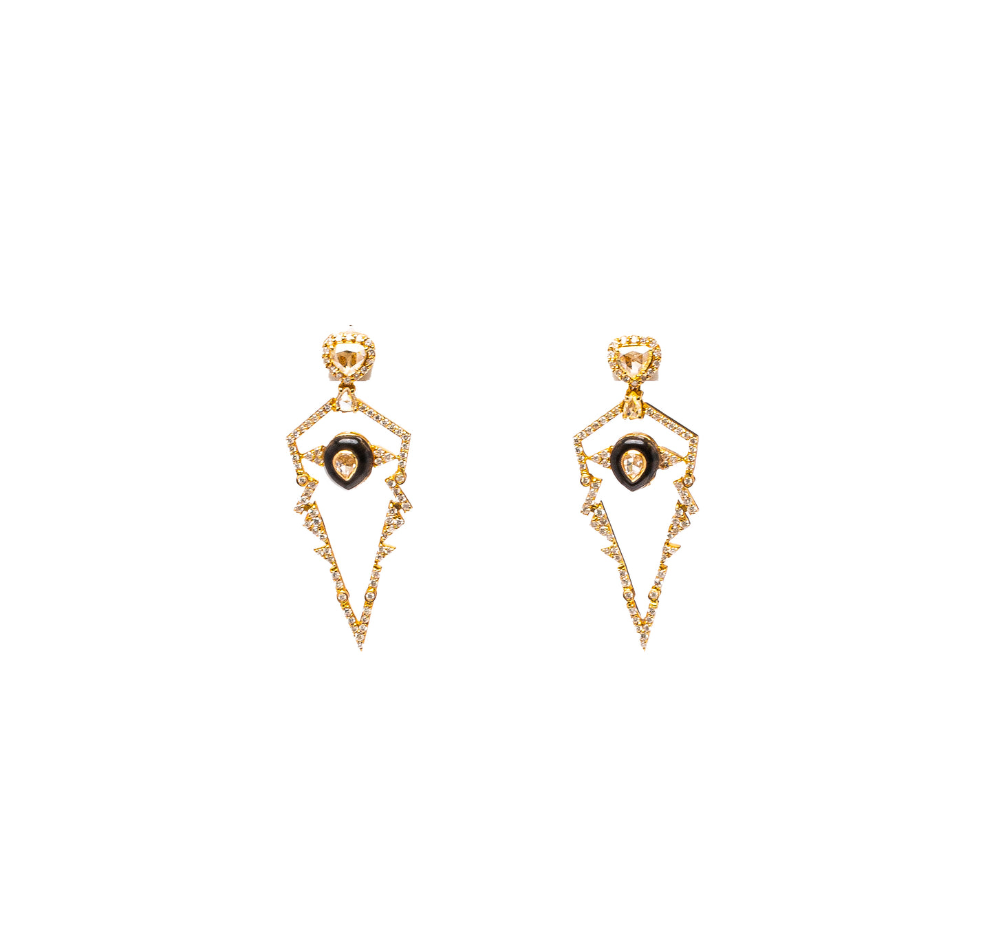 Pink Gold Earrings set with 1.44 Carats Diamonds, 1.16 Carats Rose Cut Diamonds, and 1.20 Carats Onyx Stone. - House Of Lux