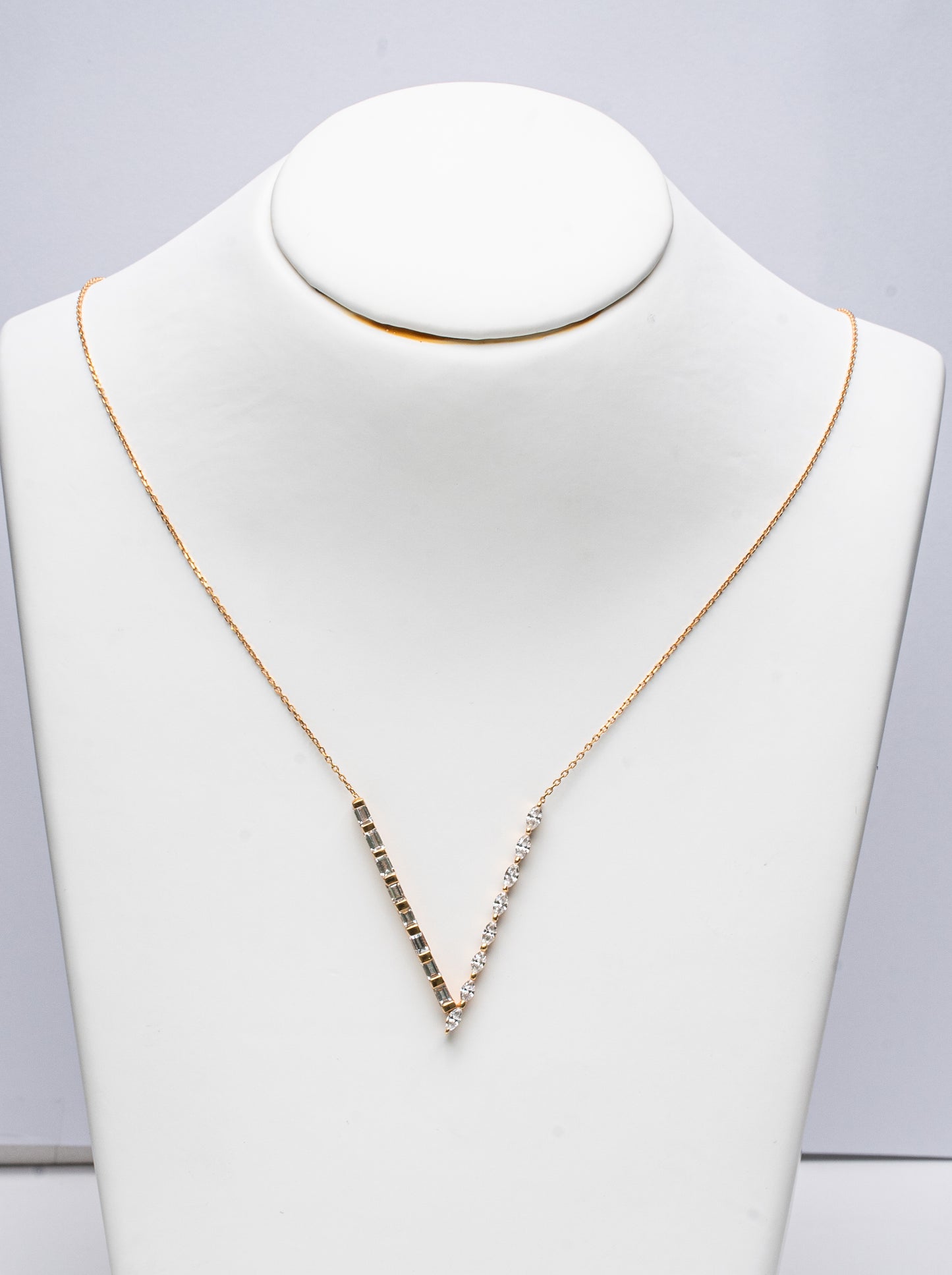 Pink Gold Necklace set with 0.455 Carats Marquise Diamonds and 0.455 Carats Baguette Diamonds. - House Of Lux