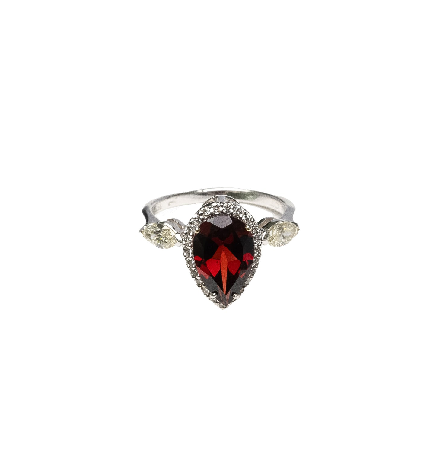 White Gold Ring set with 0.24 Carats Diamonds, 0.20 Carats Marquise Diamond, and 3.05 Carats Garnet Stone. - House Of Lux