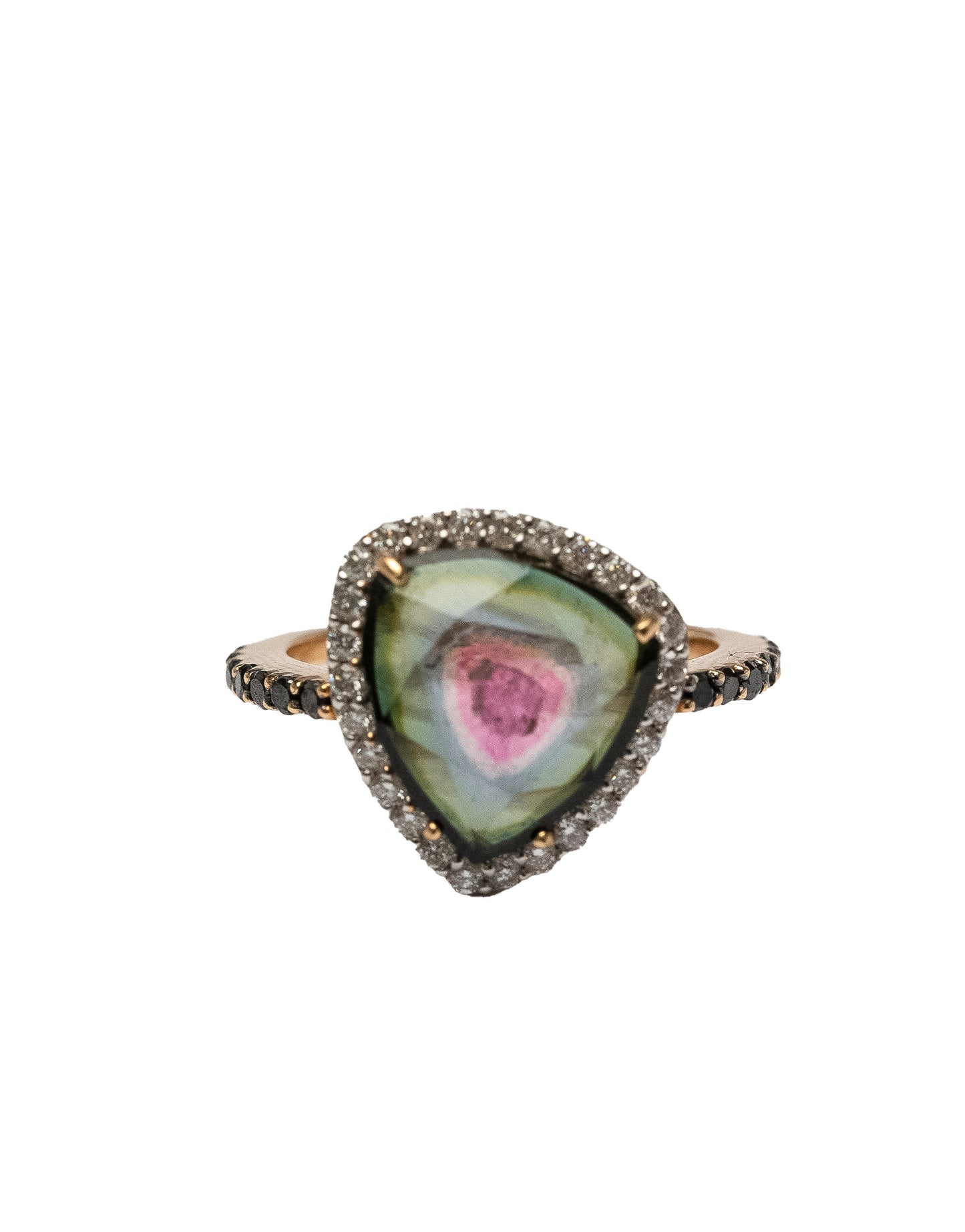 Pink Gold Ring set with 0.38 Carats White Diamonds, 0.25 Carats Black Diamonds, and 2.39 Carats Tourmaline Stone. - House Of Lux