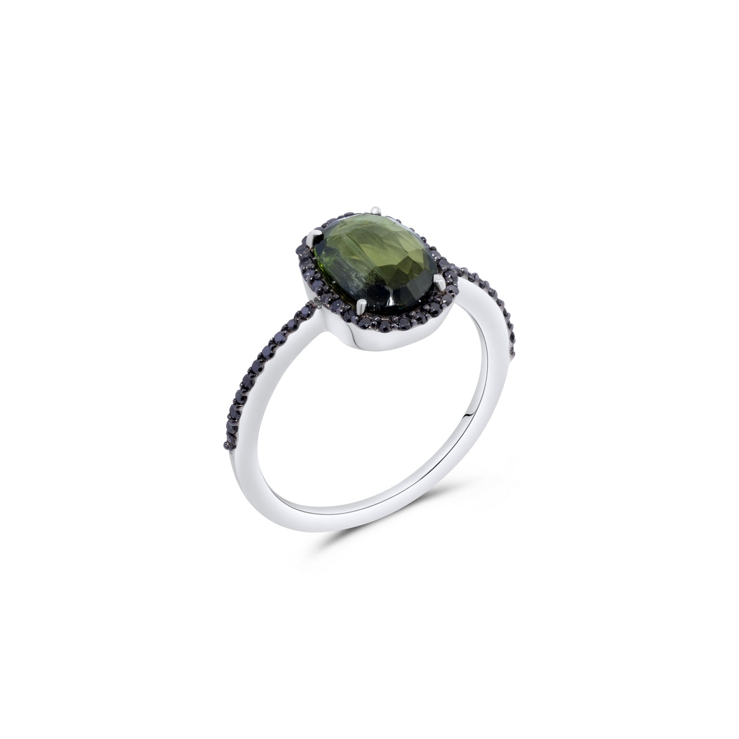 White Gold Ring set with 0.19 Carats Black Diamonds and 1.27 Carats Cat's Eye Stone. - House Of Lux