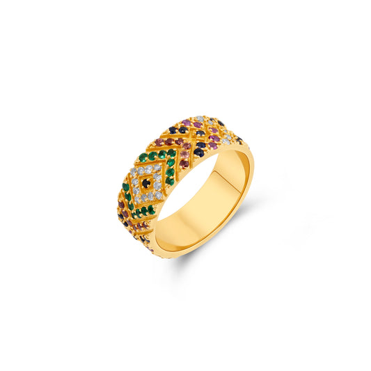 Yellow Gold Ring set with 0.18 Carats Diamonds, 0.41 Carats Sapphire, 0.17 Carats Emerald, and 0.09 Carats Cat's Eye.