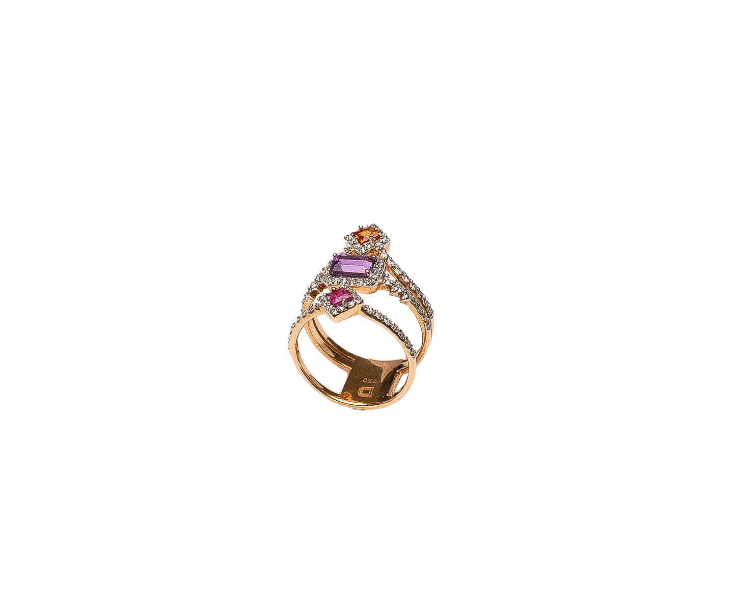 Pink Gold Ring set with 0.64 Carats Diamonds, and 0.37 Carats Pink Sapphire Stone, and 0.67 Carats Amethyst.