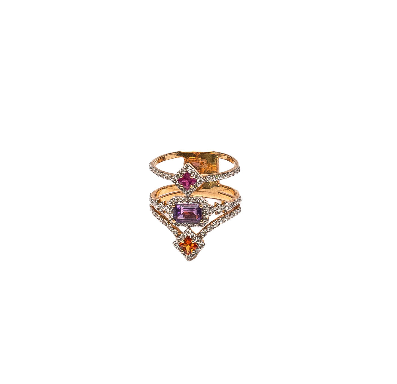 Pink Gold Ring set with 0.64 Carats Diamonds, and 0.37 Carats Pink Sapphire Stone, and 0.67 Carats Amethyst.