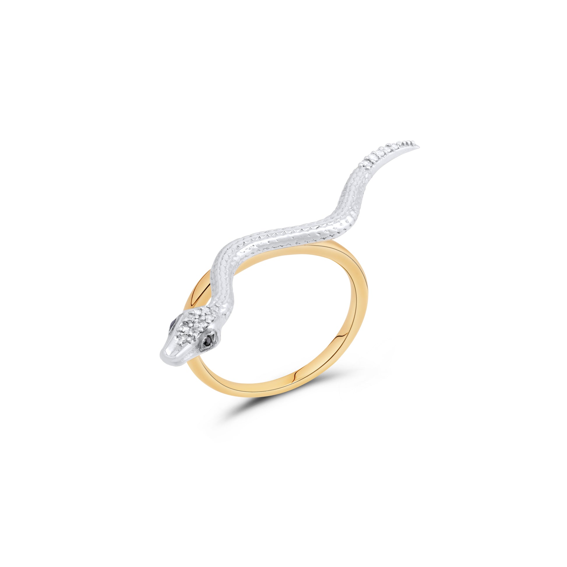 Yellow Gold Ring with a White Gold Snake, set with 0.07 Carats Diamonds. - House Of Lux